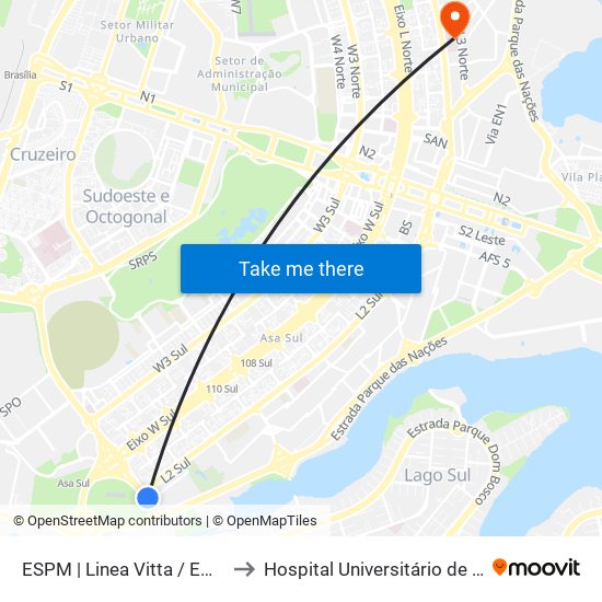 ESPM | Linea Vitta / Embaixada do Iraque to Hospital Universitário de Brasília Emergencia map
