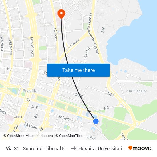 Via S1 | Supremo Tribunal Federal / Praça dos Três Poderes to Hospital Universitário de Brasília Emergencia map