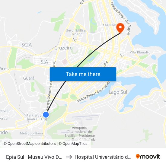 EPIA | Museu Vivo da Memória Candanga to Hospital Universitário de Brasília Emergencia map