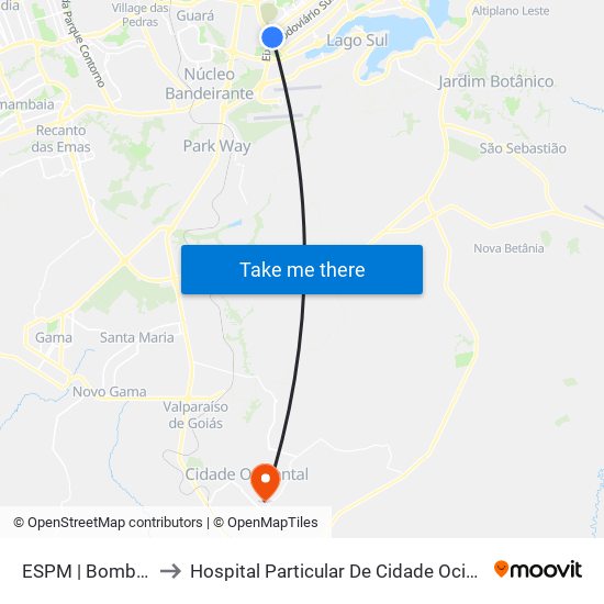 ESPM | Bombeiros to Hospital Particular De Cidade Ocidental Go map