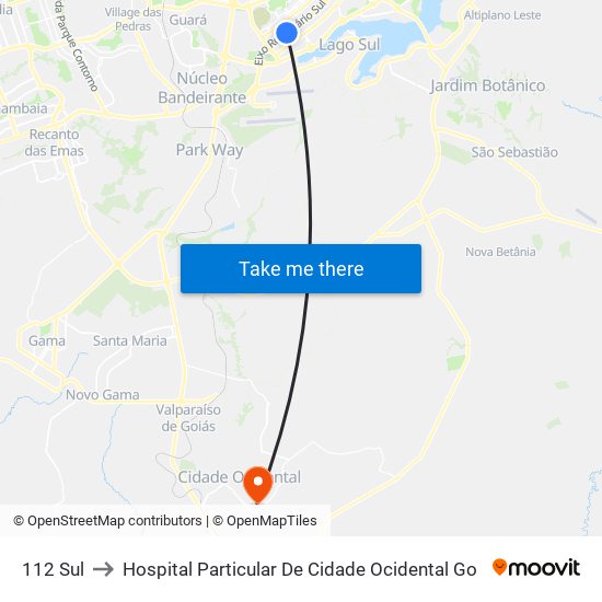 112 Sul to Hospital Particular De Cidade Ocidental Go map