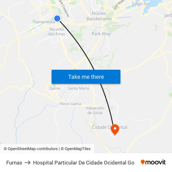 Furnas to Hospital Particular De Cidade Ocidental Go map
