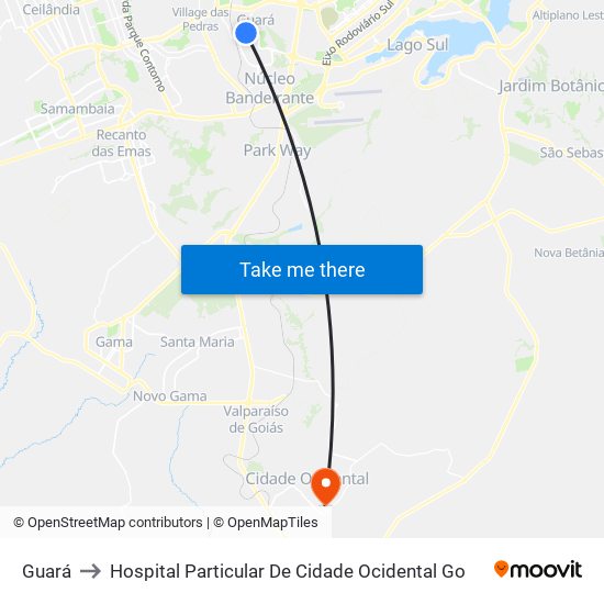Guará to Hospital Particular De Cidade Ocidental Go map