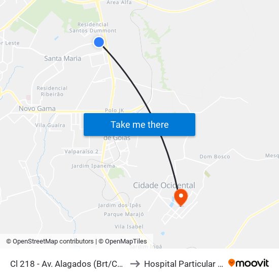 Cl 218 - Av. Alagados (Brt/Colégio Santa Maria/N.S.Aparecida) to Hospital Particular De Cidade Ocidental Go map