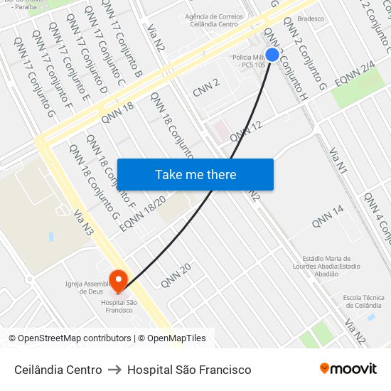 Ceilândia Centro to Hospital São Francisco map