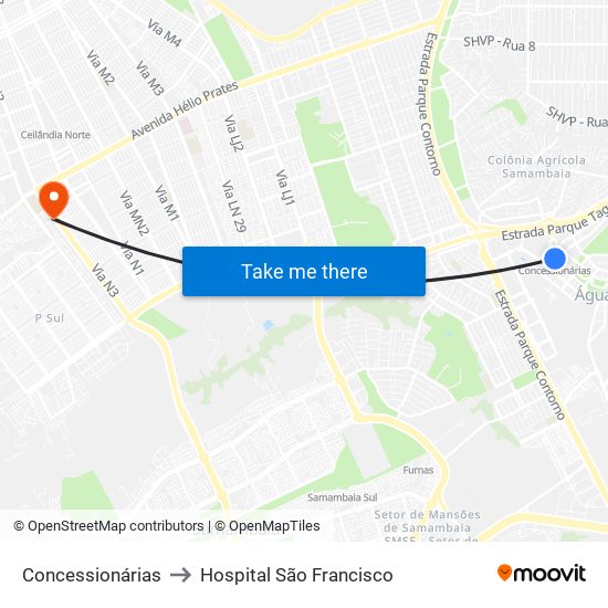 Concessionárias to Hospital São Francisco map