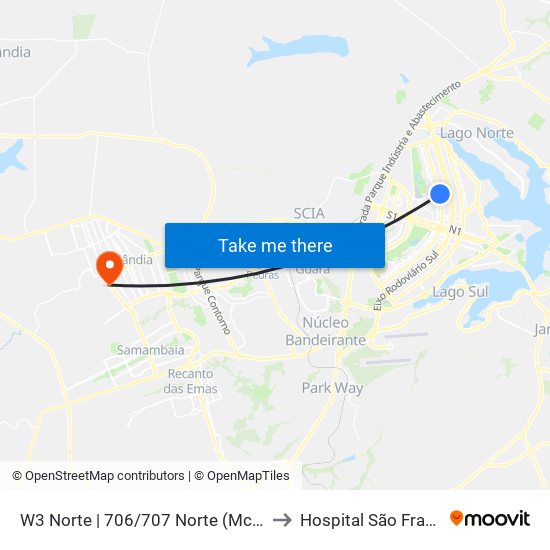 W3 Norte | 706/707 Norte (McDonald's) to Hospital São Francisco map