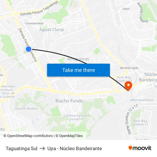 Taguatinga Sul to Upa - Núcleo Bandeirante map