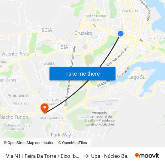 Via N1 | Feira Da Torre / Eixo Ibero-Americano to Upa - Núcleo Bandeirante map