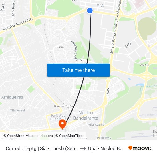 Corredor Eptg | Sia - Caesb (Sentido Taguatinga) to Upa - Núcleo Bandeirante map