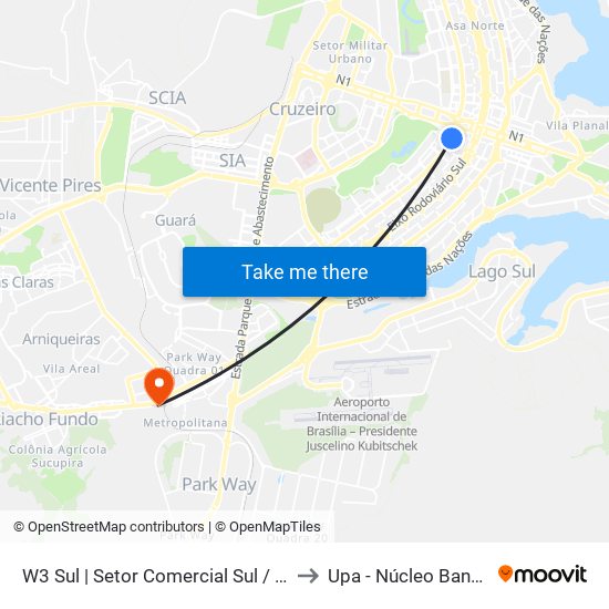 W3 Sul | Setor Comercial Sul / Pátio Brasil to Upa - Núcleo Bandeirante map