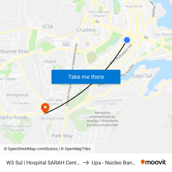 W3 Sul | Hospital SARAH Centro / SRTVS to Upa - Núcleo Bandeirante map