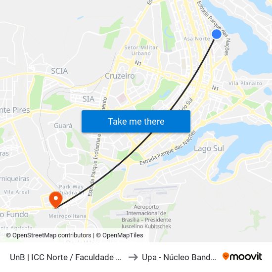 UnB | ICC Norte / Faculdade de Direito to Upa - Núcleo Bandeirante map