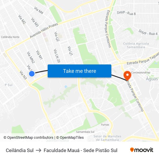 Ceilândia Sul to Faculdade Mauá - Sede Pistão Sul map