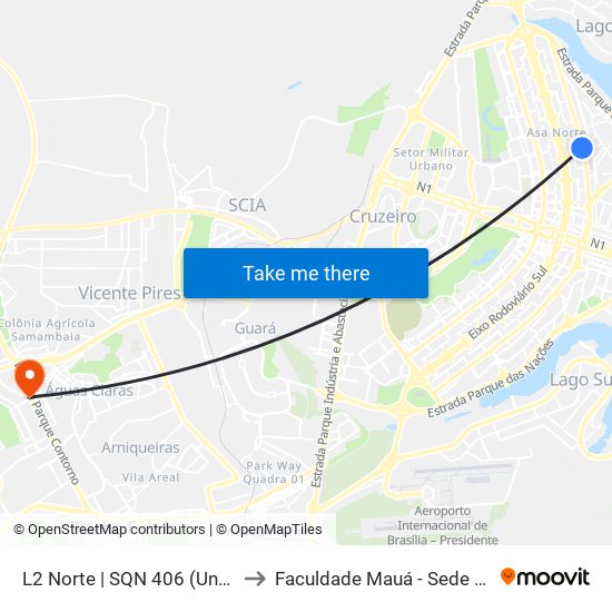 L2 Norte | SQN 406 (UnB / CEAN) to Faculdade Mauá - Sede Pistão Sul map