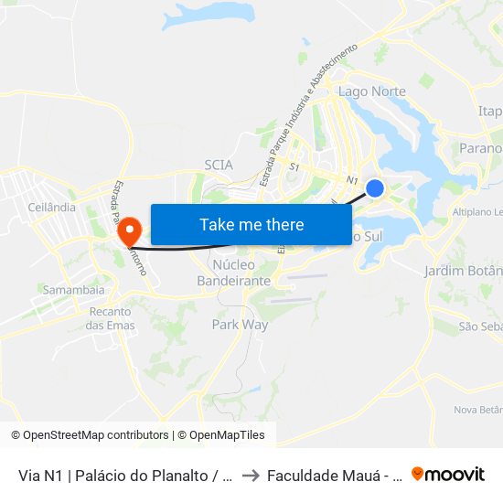 Via N1 | Palácio do Planalto / Praça dos Três Poderes to Faculdade Mauá - Sede Pistão Sul map