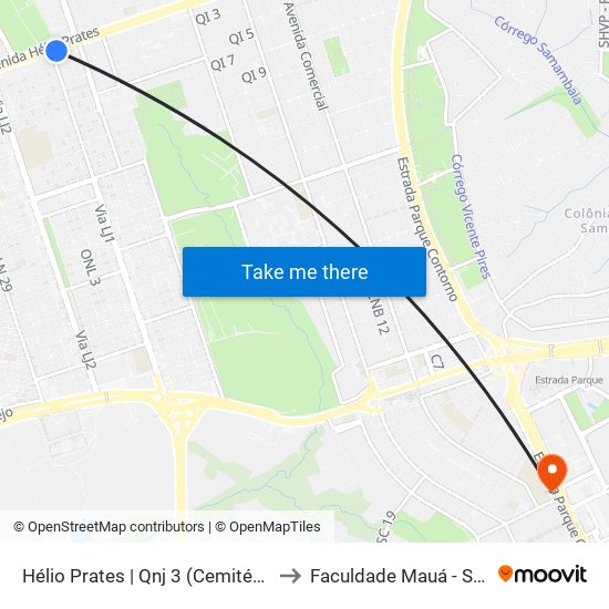 Hélio Prates | Qnj 3 (Cemitério / Setor H Norte) to Faculdade Mauá - Sede Pistão Sul map