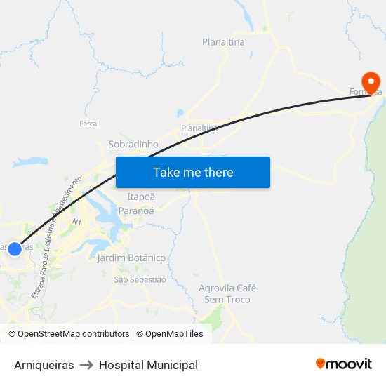 Arniqueiras to Hospital Municipal map