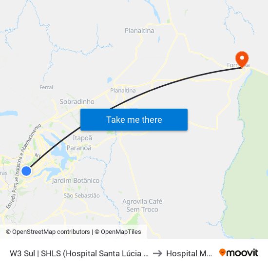 W3 Sul | SHLS (Hospital Santa Lúcia / Pão de Açúcar) to Hospital Municipal map