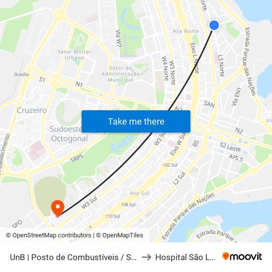 UnB | Posto de Combustíveis / Subway to Hospital São Lucas map