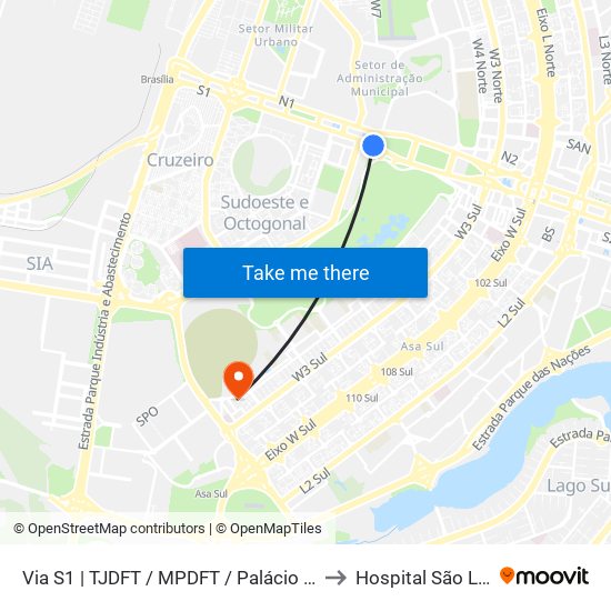 Via S1 | TJDFT / MPDFT / Palácio do Buriti to Hospital São Lucas map