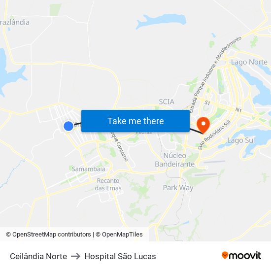 Ceilândia Norte to Hospital São Lucas map