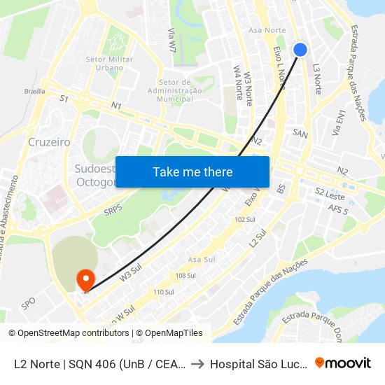 L2 Norte | SQN 406 (UnB / CEAN) to Hospital São Lucas map