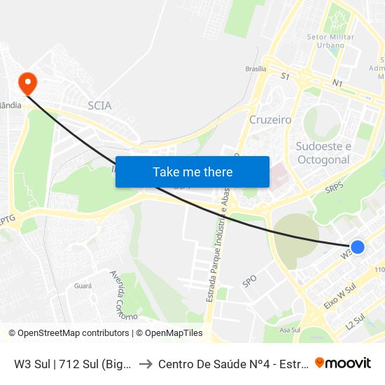 W3 Sul | 712 Sul (Big Box) to Centro De Saúde Nº4 - Estrutural map