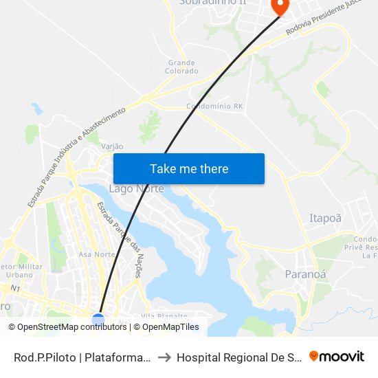 Rod.P.Piloto | Plataforma D (Box 16) to Hospital Regional De Sobradinho map