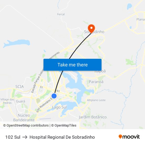 102 Sul to Hospital Regional De Sobradinho map