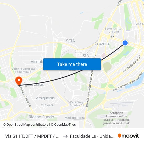 Via S1 | TJDFT / MPDFT / Palácio do Buriti to Faculdade Ls - Unidade Taguatinga map