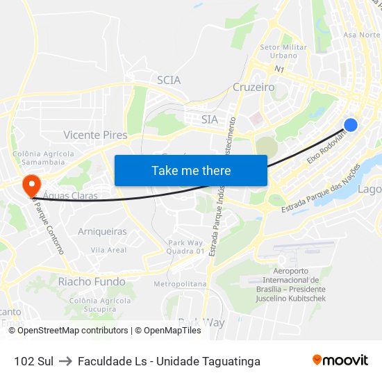 102 Sul to Faculdade Ls - Unidade Taguatinga map