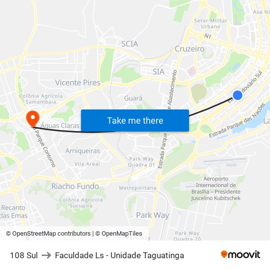 108 Sul to Faculdade Ls - Unidade Taguatinga map