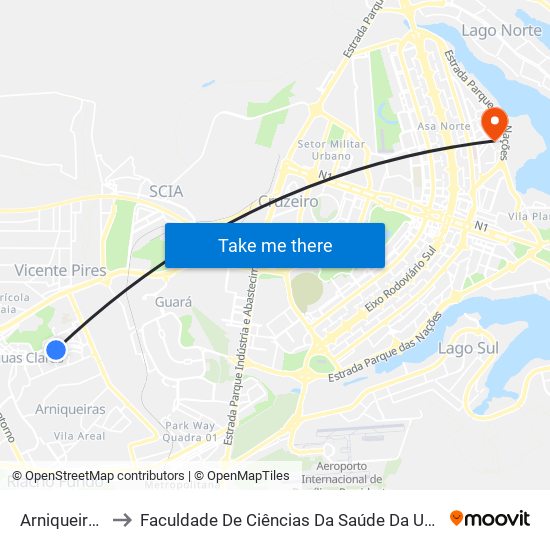 Arniqueiras to Faculdade De Ciências Da Saúde Da UnB map