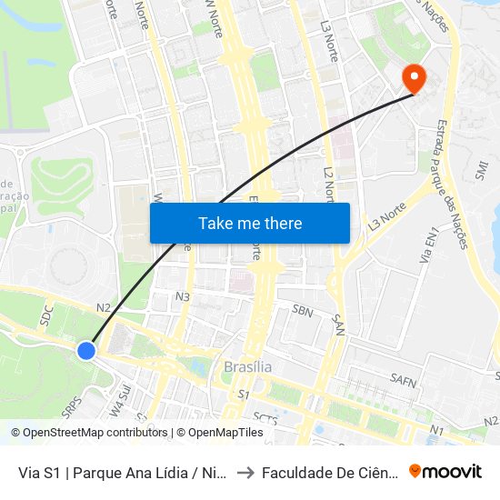 Via S1 | Parque Ana Lídia / Nicolandia / Eixo Ibero-Americano to Faculdade De Ciências Da Saúde Da UnB map