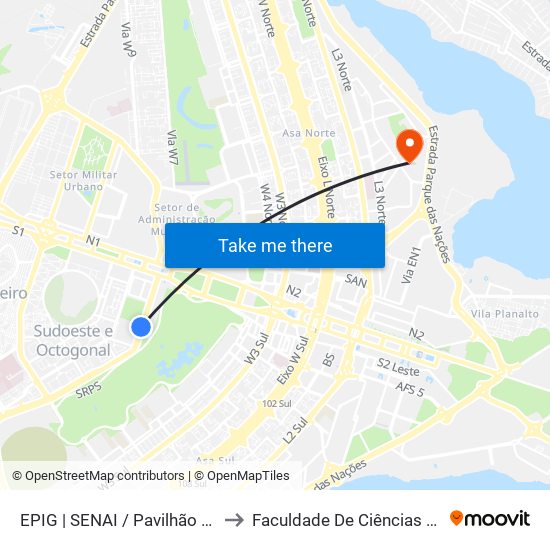 EPIG | SENAI / Pavilhão Parque da Cidade to Faculdade De Ciências Da Saúde Da UnB map
