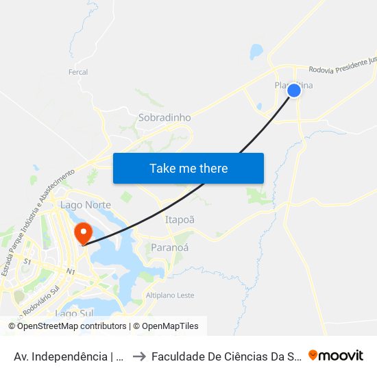 Av. Independência | Rodoviária to Faculdade De Ciências Da Saúde Da UnB map