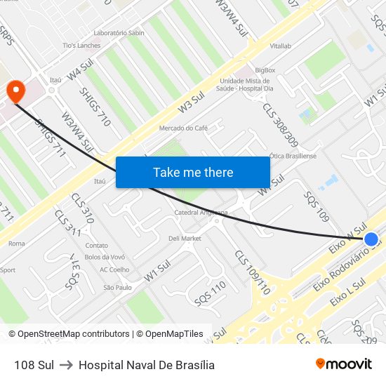 108 Sul to Hospital Naval De Brasília map