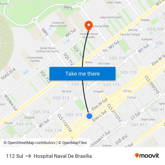 112 Sul to Hospital Naval De Brasília map