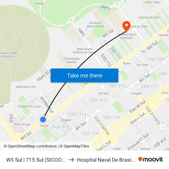 W3 Sul | 715 Sul to Hospital Naval De Brasília map