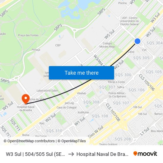 W3 Sul | 504/505 Sul (SESC) to Hospital Naval De Brasília map