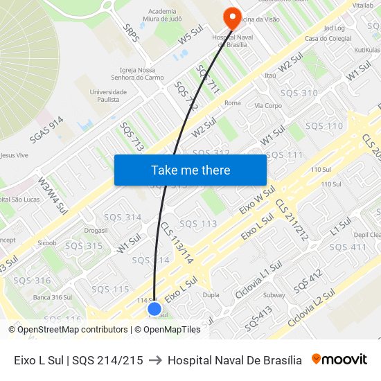 Eixo L Sul | SQS 214/215 to Hospital Naval De Brasília map