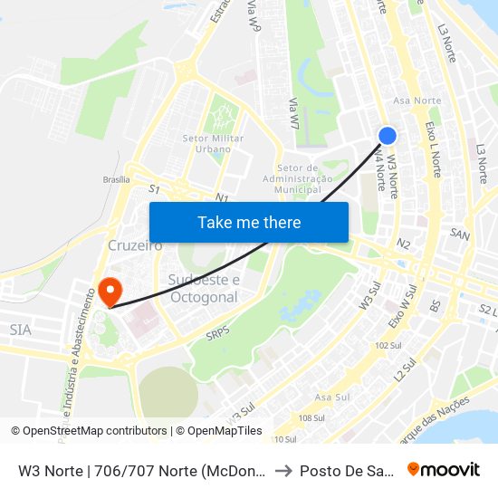 W3 Norte | 706/707 Norte (McDonald's) to Posto De Saude map