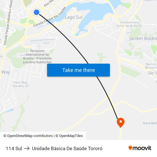 114 Sul to Unidade Básica De Saúde Tororó map