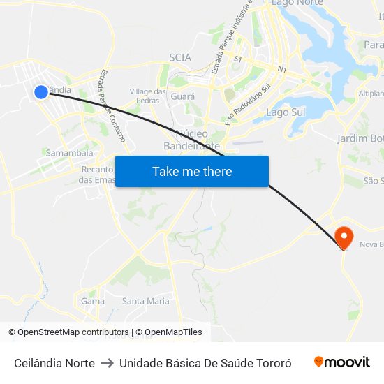 Ceilândia Norte to Unidade Básica De Saúde Tororó map