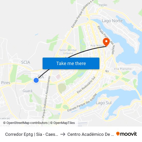 Corredor Eptg | Sia - Caesb (Sentido Taguatinga) to Centro Acadêmico De Engenharia Florestal map