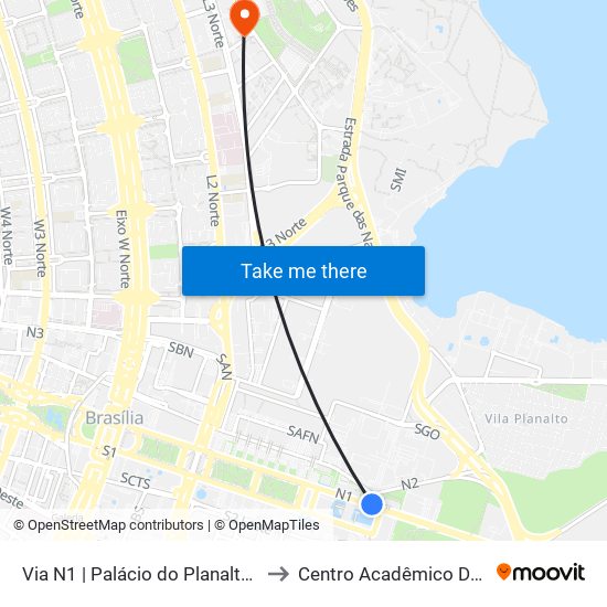 Via N1 | Palácio do Planalto / Praça dos Três Poderes to Centro Acadêmico De Engenharia Florestal map