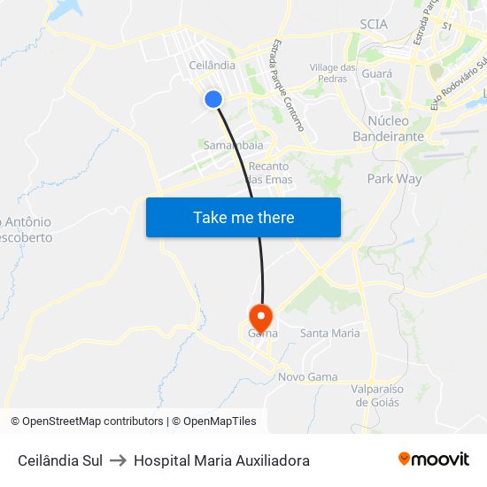 Ceilândia Sul to Hospital Maria Auxiliadora map