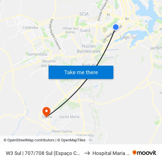 W3 Sul | 707/708 Sul (Espaço Cultural Renato Russo) to Hospital Maria Auxiliadora map