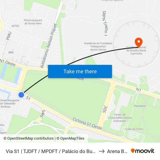 Via S1 | TJDFT / MPDFT / Palácio do Buriti to Arena Brb map